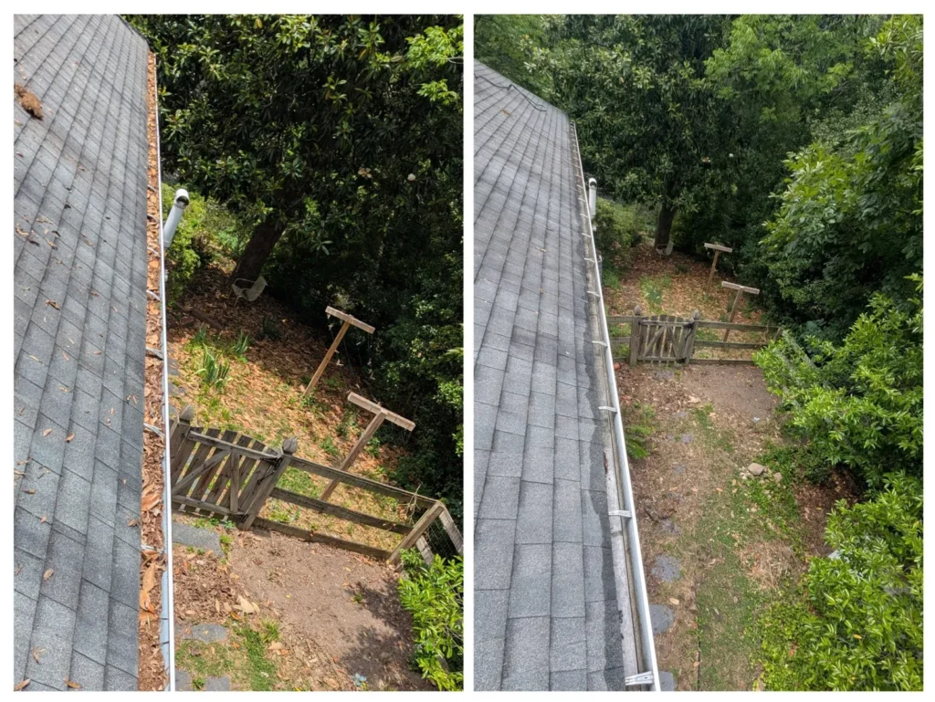 Before and after gutter cleaning with heavy debris removal