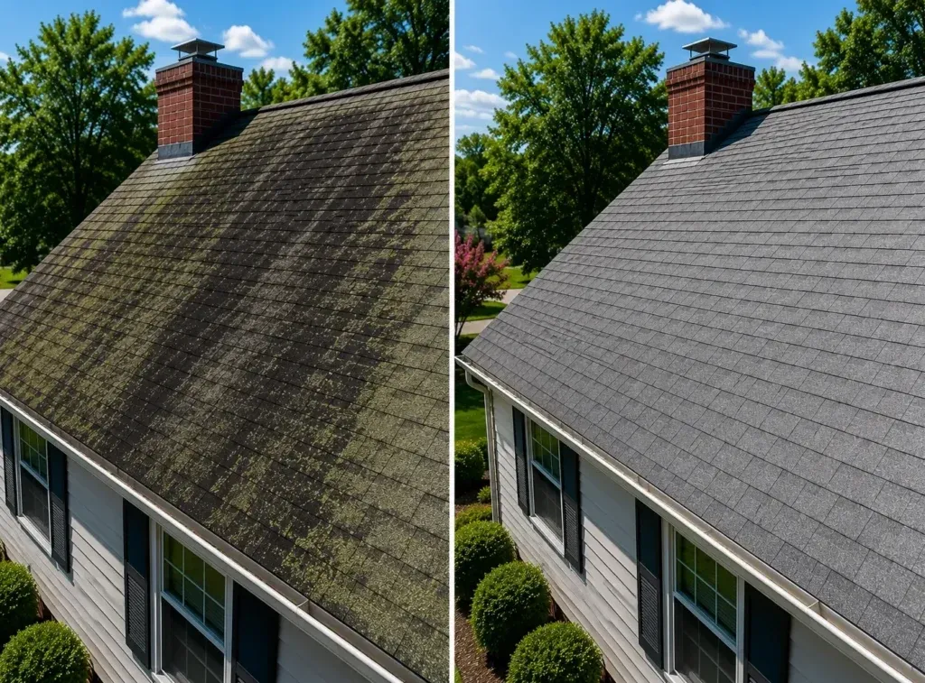 Before and after roof cleaning transformation in Richmond, VA